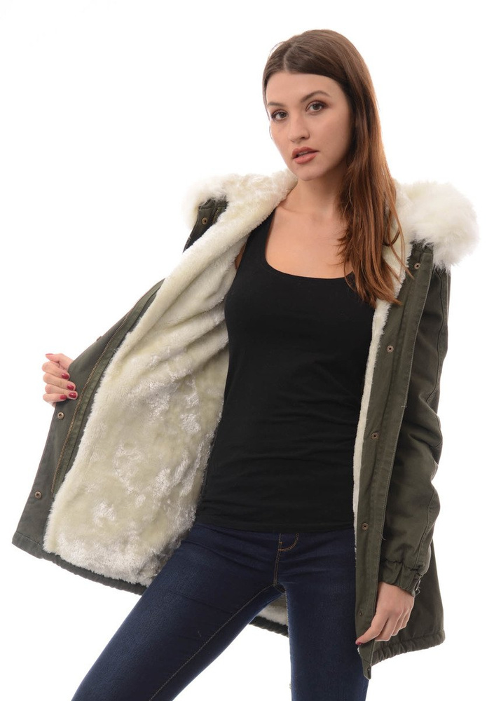 Piękna Damska Kurtka Parka Iwet Zielona z Białym Futerkiem