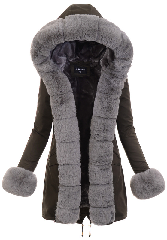 Damska Kurtka Parka Zimowa Patrycja Khaki Z Szarym Futerkiem