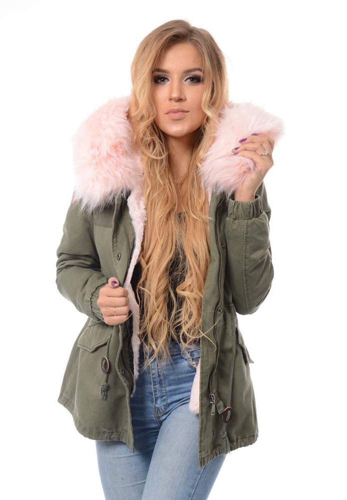 Damska Kurtka Parka Zimowa 2w1 Dominika Zielona z Różowym Futerkiem