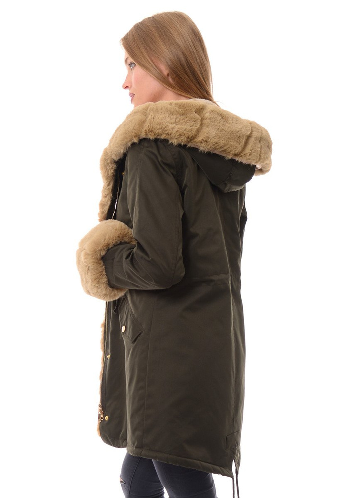 Kurtka Patrycja Khaki Z Beżowym Futerkiem