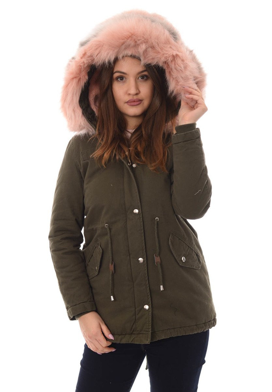 Damska Kurtka Parka Zimowa Kornela Zielona z Różowym Futerkiem