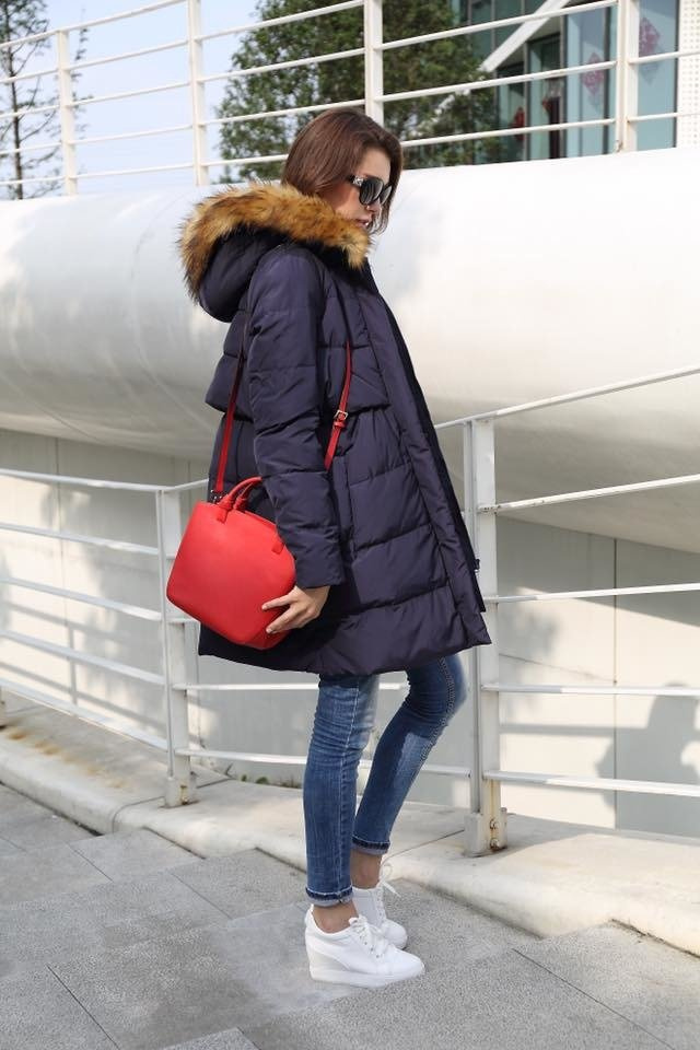 Długa Puchowa Damska Kurtka Zimowa Maya Granatowa