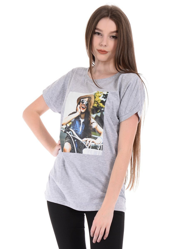 Damska Koszulka Nadruk Dziewczyna Z Rowerem Szara