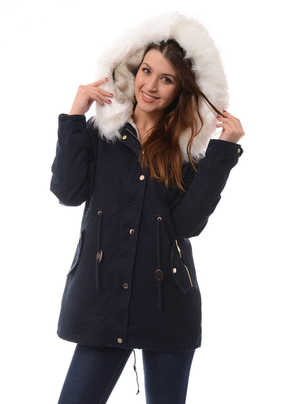 Damska Kurtka Parka Zimowa 2w1 Granatowa Z Białym Futerkiem