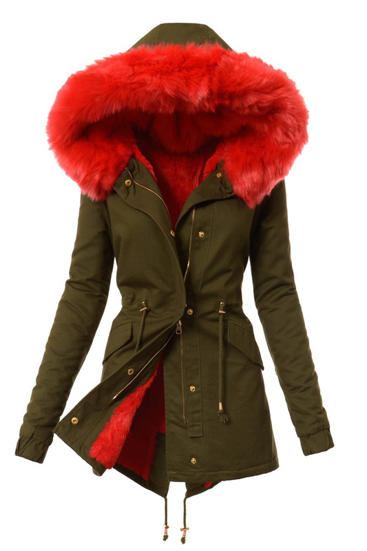 Piękna Damska Kurtka Parka Ismena z Czerwonym Futerkiem