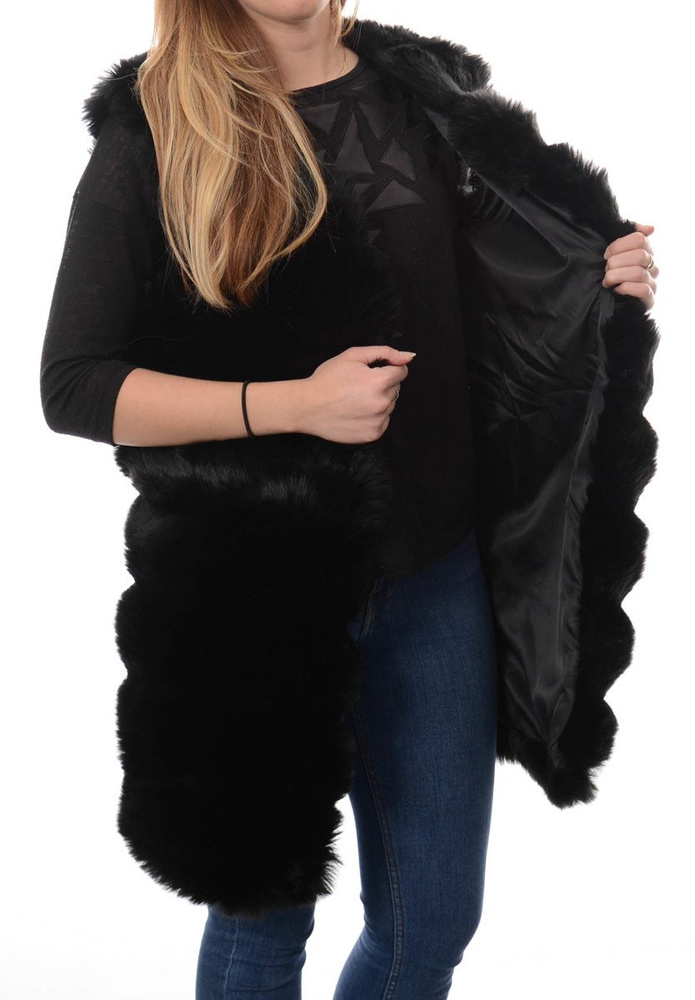 Damska Długa Futrzana Kamizelka Narzutka Czarna