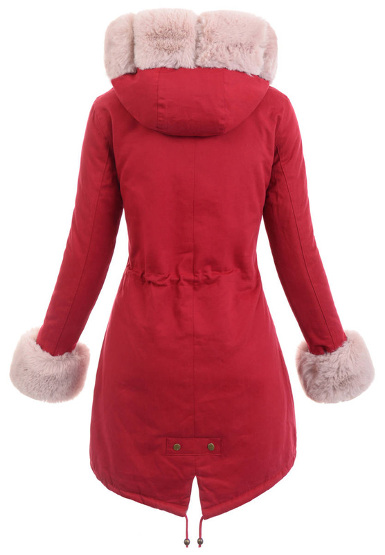 Piękna Damska Kurtka Parka Estera Czerwona Futerkiem Ecru
