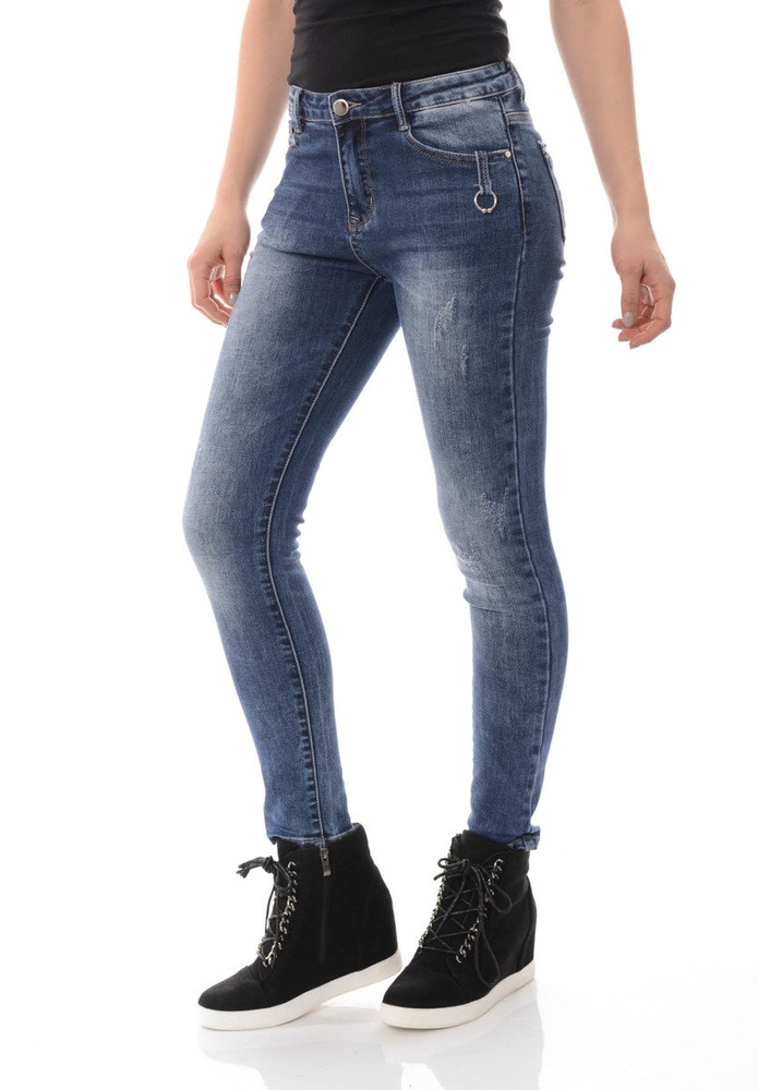 Damskie Spodnie Jeansy Przetarcia Rurki Granatowe