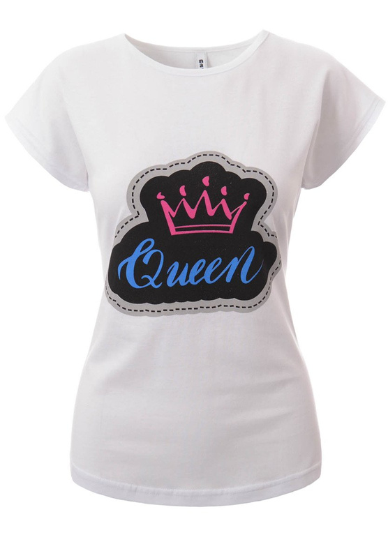 Damska Koszulka T-Shirt Krótki Rękaw Nadruk Queen Korona Biała