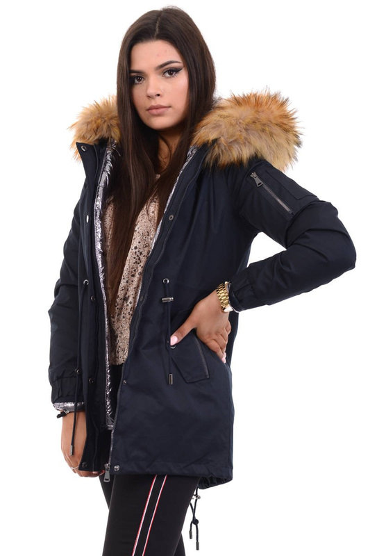 Parka Zimowa 3w1 Granatowa Z Brązowym Futerkiem