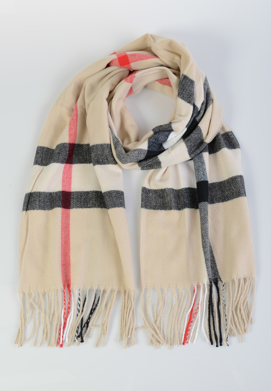 Szal Damski Beżowy W Kratę