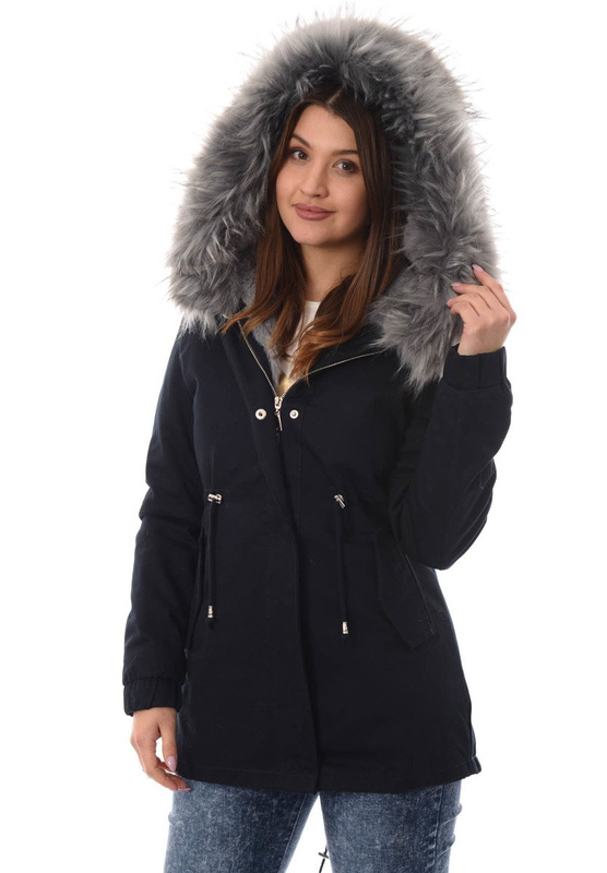 Piękna Damska Kurtka Parka 2w1 Emilia Granatowa z Szarym Futerkiem