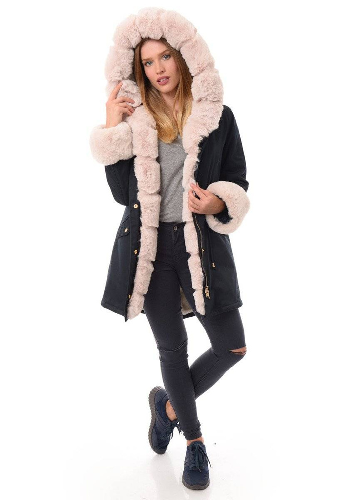 Damska Kurtka Parka Zimowa Patrycja Granatowa Z Futerkiem Ecru