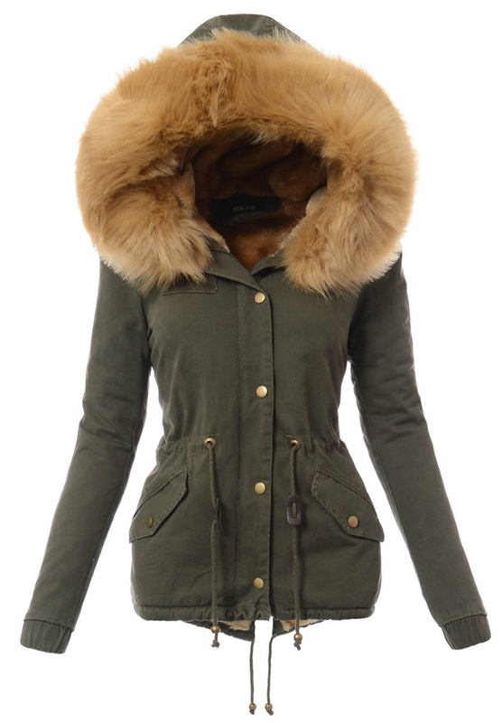 Piękna Damska Kurtka Parka Lora Zielona ze Złotym Futerkiem