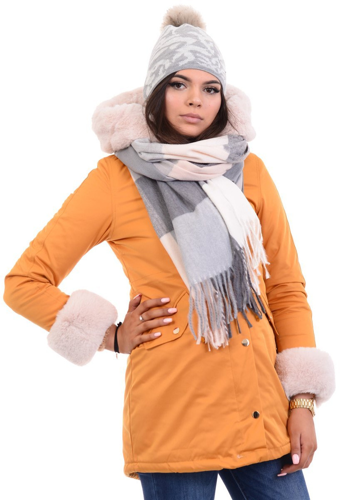 Damska Kurtka Parka Zimowa Wanessa Camel Z Futerkiem Ecru