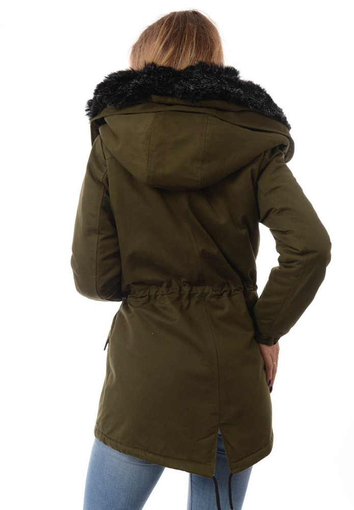 Piękna Damska Kurtka Parka Zielona z Czarnym Futerkiem