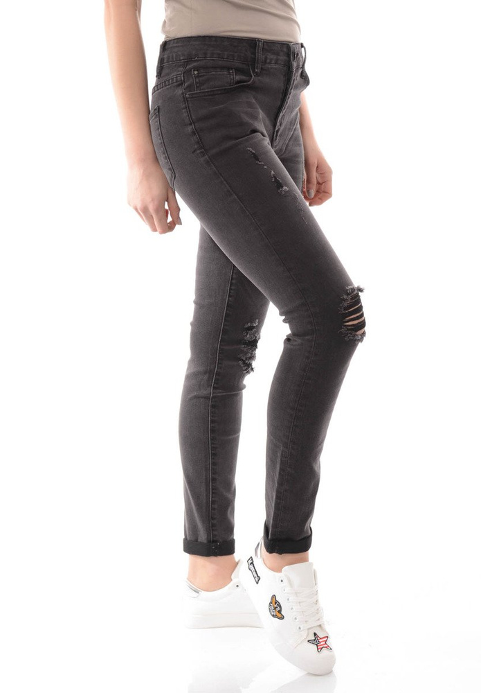 Damskie Spodnie Jeansy Rurki Przetarcia Czarne