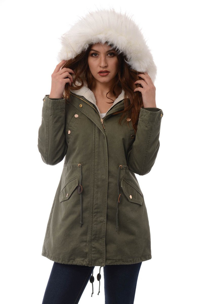 Damska Kurtka Parka Zimowa 2w1 Mila Zielona z Białym Futerkiem