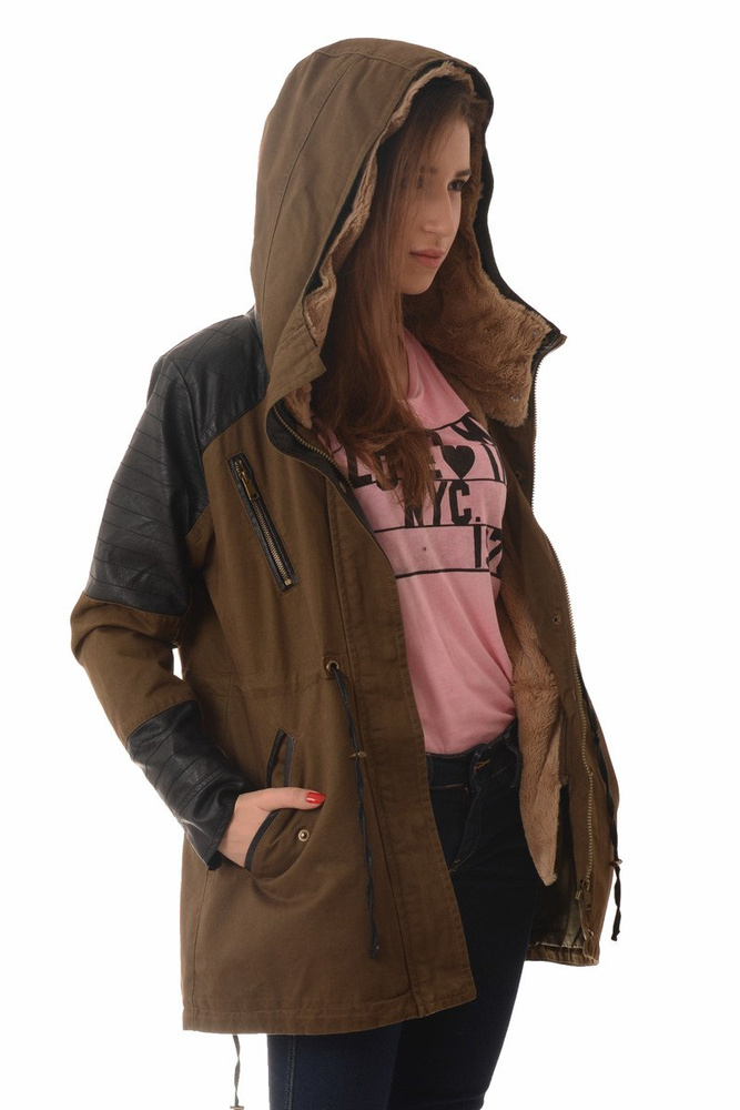 Damska Kurtka Parka 2w1 Jesienna Zimowa Oliwkowa