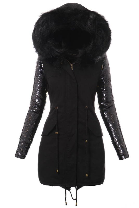 Piękna Damska Kurtka Parka Czarna z Czanym Futerkiem