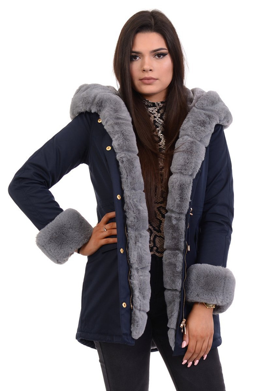 Damska Kurtka Parka Zimowa Wanessa Granatowa Z Szarym Futerkiem