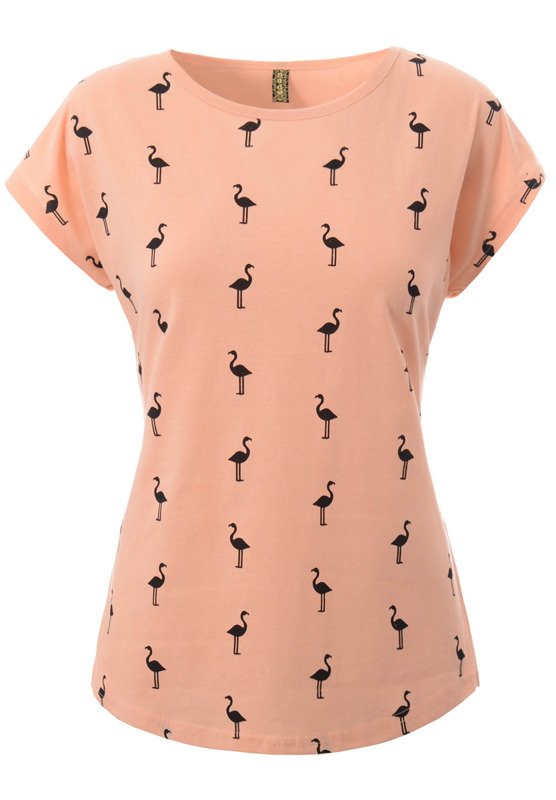 Damska Koszulka Krótki Rękaw Nadruk Flamingi Brzoskwiniowa
