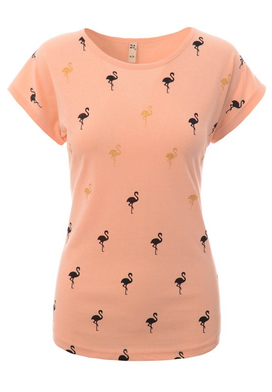 Damska Koszulka Krótki Rękaw Nadruk Flamingi Brzoskwiniowa