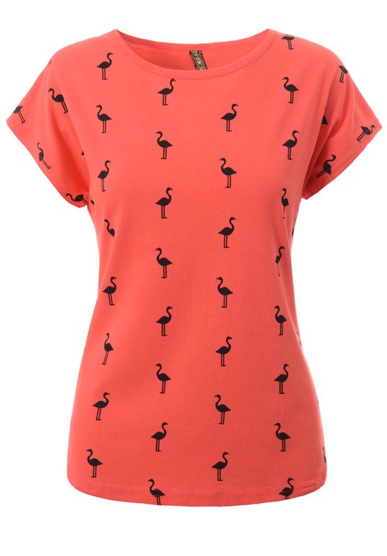 Damska Koszulka Krótki Rękaw Nadruk Flamingi Czerwona