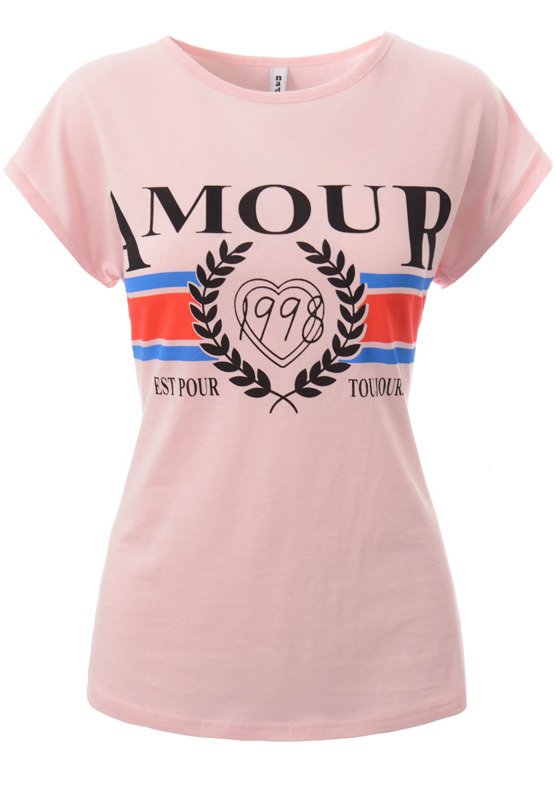 Damska Koszulka Krótki Rękaw T-Shirt Nadruk Amour Różowa