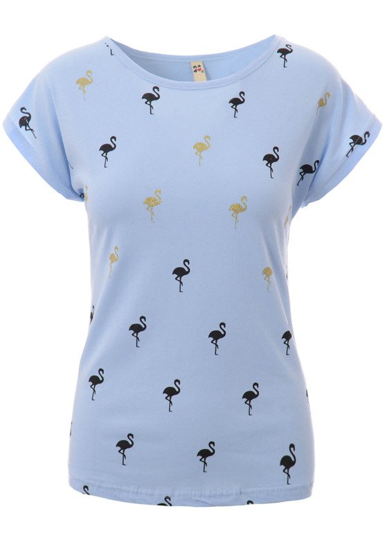 Damska Koszulka Krótki Rękaw T-Shirt Nadruk Flamingi Błękitna