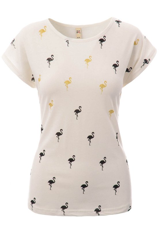 Damska Koszulka Krótki Rękaw T-Shirt Nadruk Flamingi Ecru