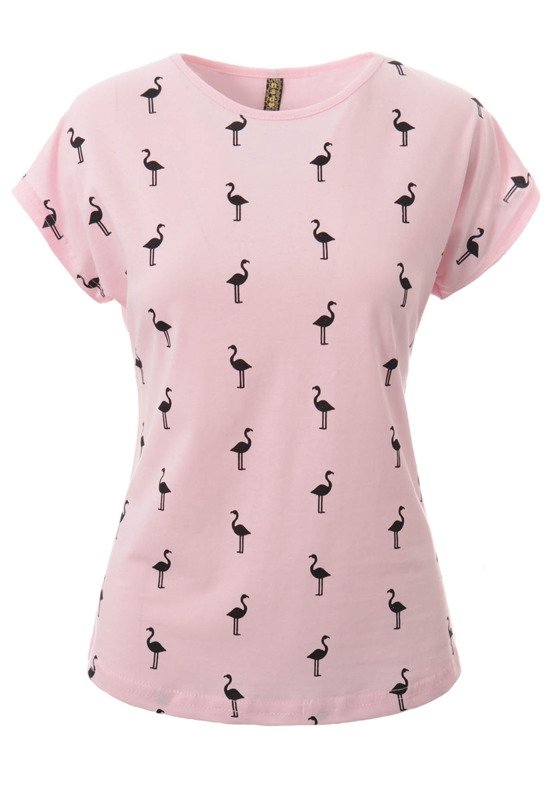 Damska Koszulka Krótki Rękaw T-Shirt Nadruk Flamingi Różowa