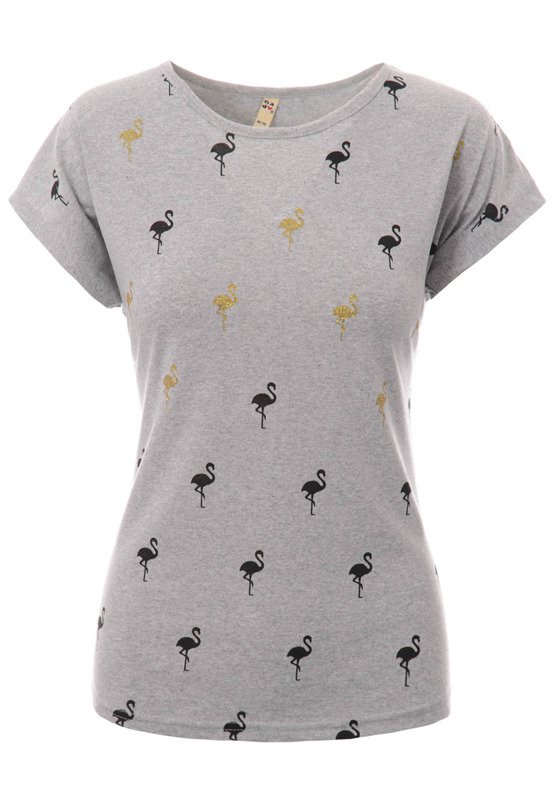 Damska Koszulka Krótki Rękaw T-Shirt Nadruk Flamingi Szara
