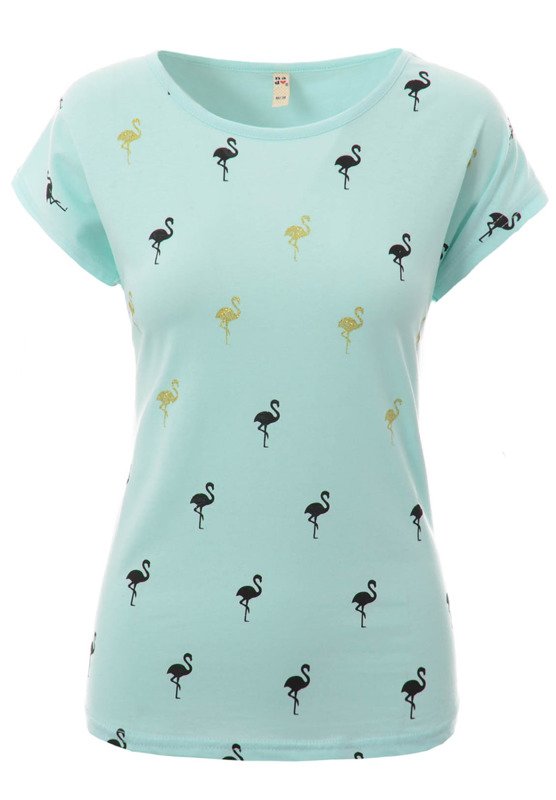 Damska Koszulka Krótki Rękaw T-Shirt Nadruk Flamingi Zielona