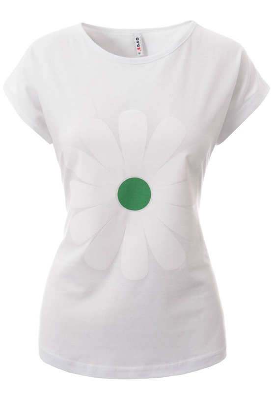 Damska Koszulka Krótki Rękaw T-Shirt Nadruk Kwiat Stokrotka Biała