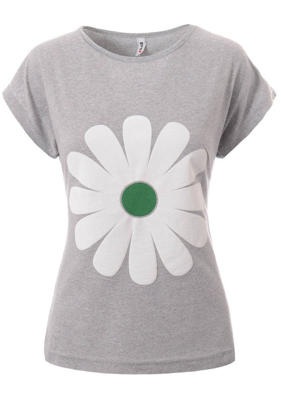 Damska Koszulka Krótki Rękaw T-Shirt Nadruk Kwiat Stokrotka Szara