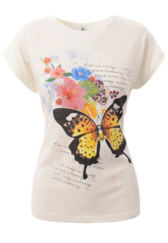 Damska Koszulka Krótki Rękaw T-Shirt Nadruk Kwiaty Z Motylem Ecru