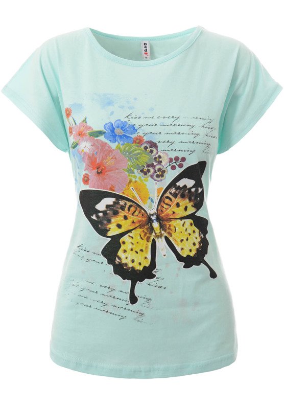 Damska Koszulka Krótki Rękaw T-Shirt Nadruk Kwiaty Z Motylem Zielona