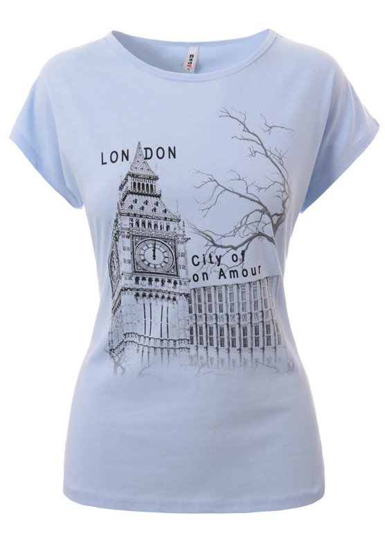 Damska Koszulka Krótki Rękaw T-Shirt Nadruk London Błękitna