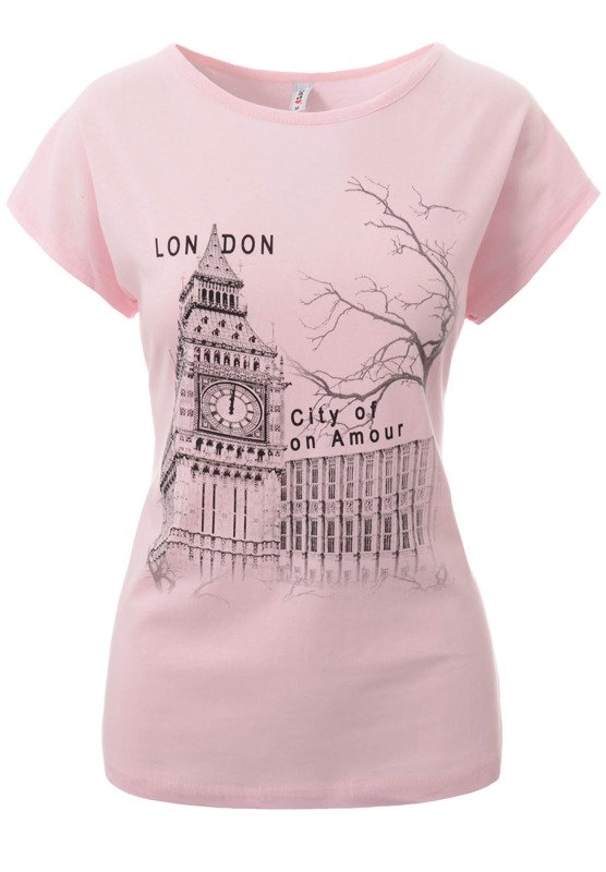 Damska Koszulka Krótki Rękaw T-Shirt Nadruk London Różowa