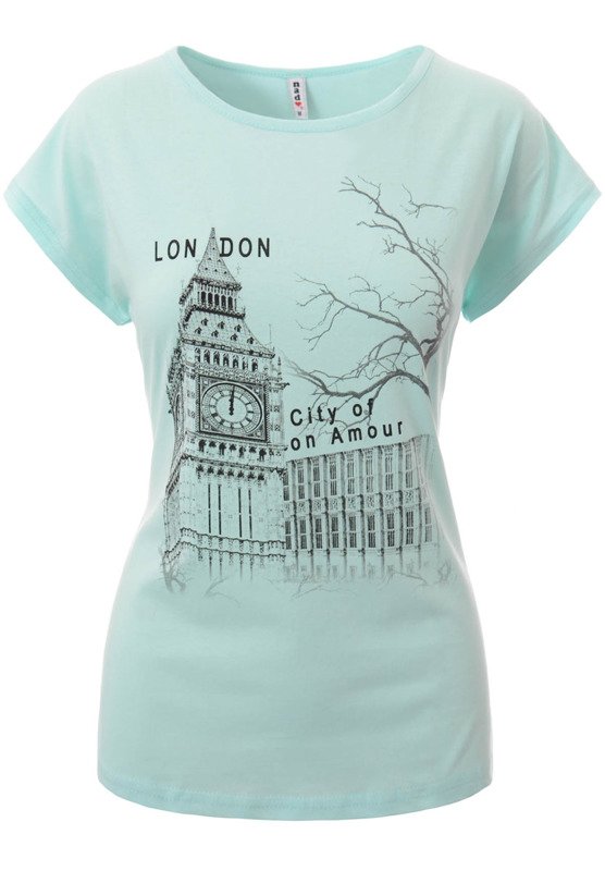 Damska Koszulka Krótki Rękaw T-Shirt Nadruk London Zielona