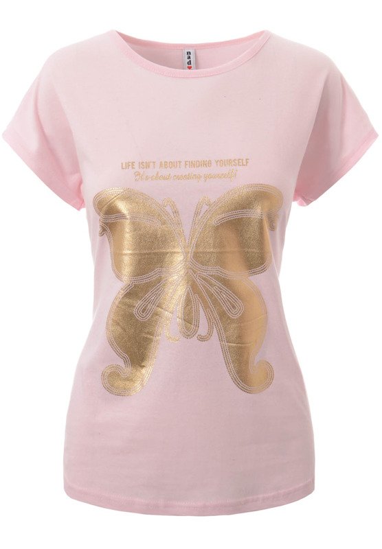 Damska Koszulka Krótki Rękaw T-Shirt Nadruk Motyl Różowa