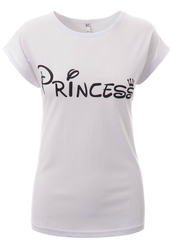 Damska Koszulka Krótki Rękaw T-Shirt Nadruk Princess Biała