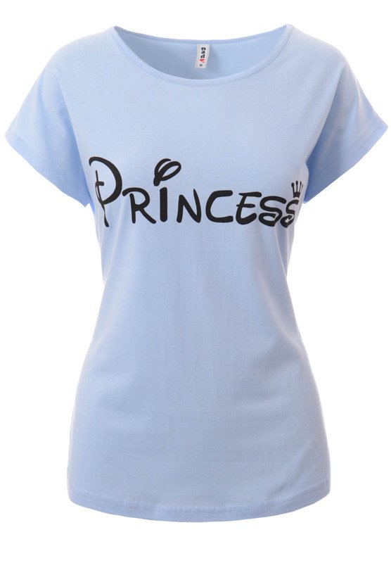 Damska Koszulka Krótki Rękaw T-Shirt Nadruk Princess Błękitna
