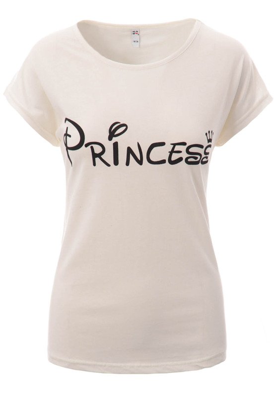 Damska Koszulka Krótki Rękaw T-Shirt Nadruk Princess Ecru