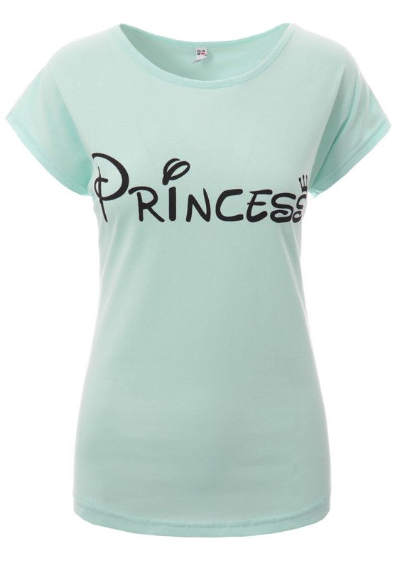Damska Koszulka Krótki Rękaw T-Shirt Nadruk Princess Miętowa