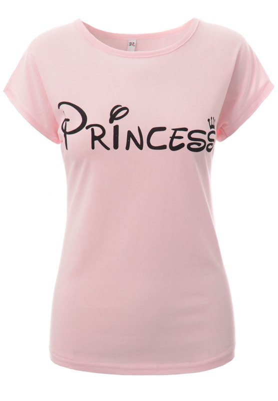 Damska Koszulka Krótki Rękaw T-Shirt Nadruk Princess Różowa