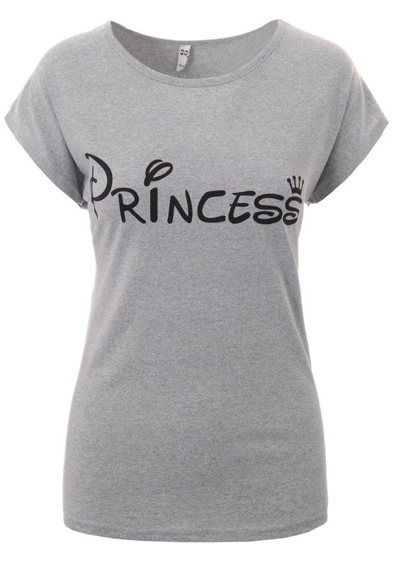 Damska Koszulka Krótki Rękaw T-Shirt Nadruk Princess Szara