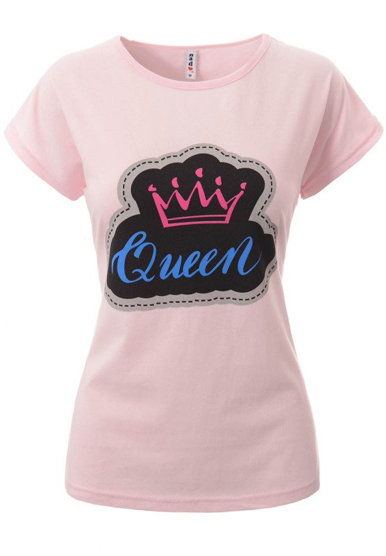 Damska Koszulka Krótki Rękaw T-Shirt Nadruk Queen Korona Różowa