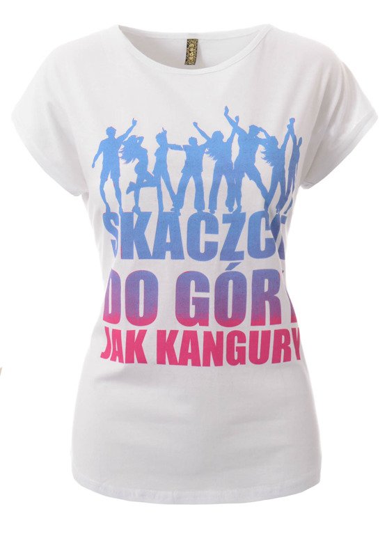 Damska Koszulka Krótki Rękaw T-Shirt Nadruk  SKACZCIE DO GÓRY Biała